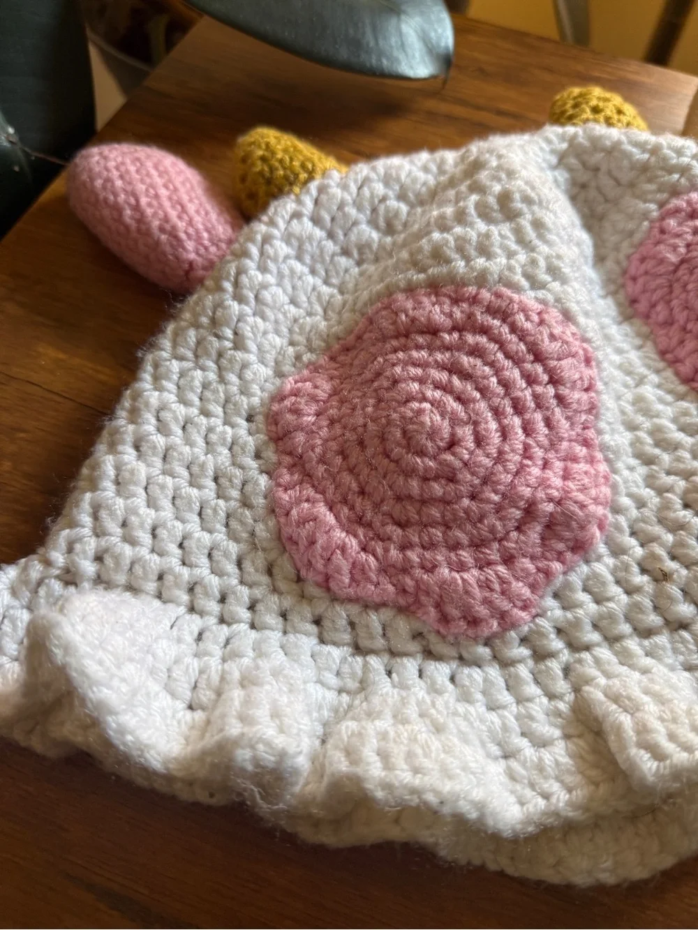 Handmade Crochet Unicorn Hat - Cream with Pink and Mustard Accents